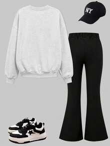 2pcs/Set Girls Round Neck English Letter Print Sweatshirt With Simple Casual Flare Pants, New Autumn/Winter Comfortable Girls Outfit - Light Grey - View 3