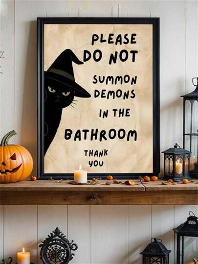 1 pieza Decoración de arte de pared en lienzo, gato negro de bruja divertido impreso con el eslogan humorístico "No invoques demonios en el baño" Póster, impresión de moda adecuada para sala de estar, dormitorio, baño, hogar, dormitorio, decoración de pared de Halloween, cuadro con marco opcional