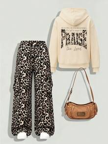 Girls' Vintage 2 Pieces Sports Set, Letter Print Hoodie Sweatshirt With Leopard Print Cargo Wide Leg Pants, Casual Autumn/Winter Outfit - Apricot - View 3