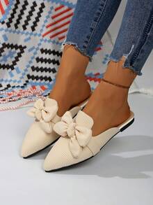 Cream White Vertical Striped Knit Pointed Toe Mule Slippers, Bow Closed Toe Flat Half-Slip, Gentle Style Outdoor Women's Slippers - Beige - View 6
