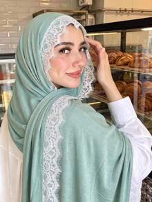 1pc New Silk Cotton Lace Scarf, Women's Muslim Hijab, Daily Soft Breathable Long Scarf, Elegant Headscarf, Versatile Elastic Shawl - Multicolor - View 10