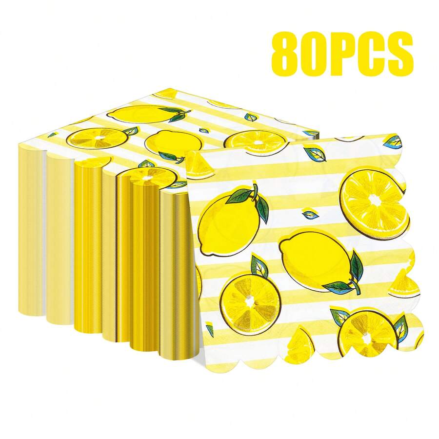 80 Pcs 13 * 13 Inch Lemon Printed Disposable Napkins With Wavy Lace Design, Suitable For Summer Parties, Picnics, Barbecues, Birthday Parties, Daily Home Use, Pool Parties, Cafes, Fruit Themed Table Decoration, And Tabletop Decoration.