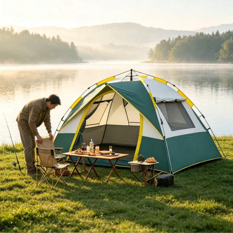 SKYNEST Automatic Instant Setup Camping Tent, 1-3/3-4 Person All-Season Tent With Dual Doors & Mesh Windows, Windproof Lightweight Green/Beige Tent For Camping, Hiking, Hunting, Travel, Outdoor Shelter, Campers Accessories, Camping Tent, Gift - Double Doors and Double Windows - View 1