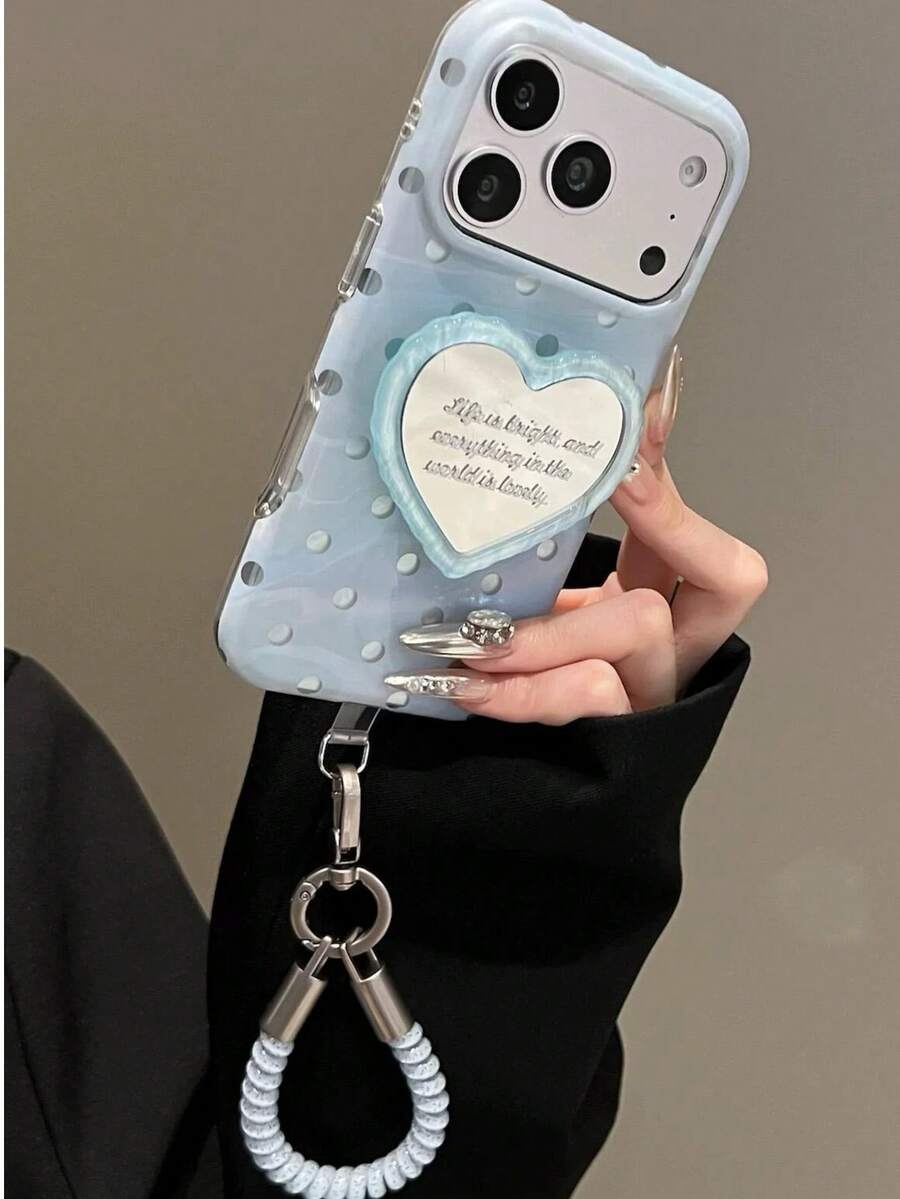 Ins Milk Blue Polka Dot Mirror Heart Phone Case Compatible With Apple 17 Pro Max, 16 New Model, 15, High Quality 15 Pro, Creative 17 Niche, 16 Pro, Korean Style 17 Pro, Shockproof Protective Cover 18 Pro Max - Blue - View 1