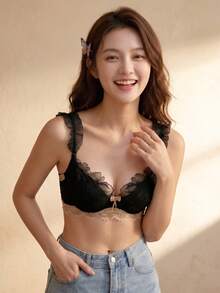 Women's Lace Seamless Wire-Free Bra, Soft & Comfortable Lift Support Bra, Sweet Style For Girls, Designed For Flat Chest - Black - View 2