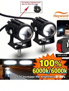 2pcs White + Yellow Motorcycle LED Headlight Mini Driving Lamp Fog Light 12V/24V Universal Dual-Color Projector Lens With Switch, Fit For ATV Scooter Auxiliary Spotlight Motorcycle Accessories - 黑色 - 查看 15