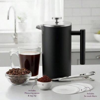 Double Walled Stainless Steel Cafetiere Set With  Mesh Filters, Coffee Measuring Spoon And Bag Sealing Clip, Delicious French Press Coffee, Easy To Clean