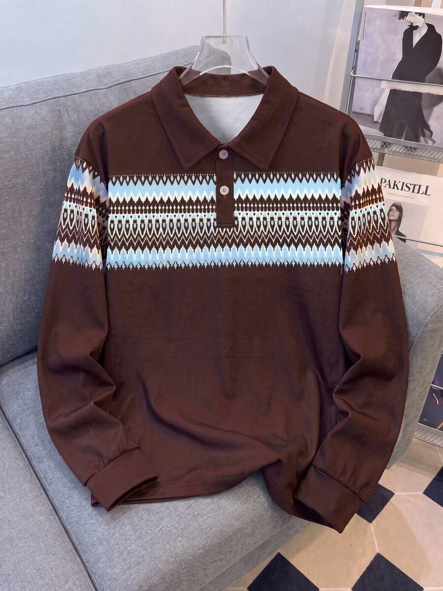 1pc Tween Boys Casual Fashion Retro Patchwork Fair Isle Print Long Sleeve Polo Sweatshirt, Spring/Autumn - Brown - View 1