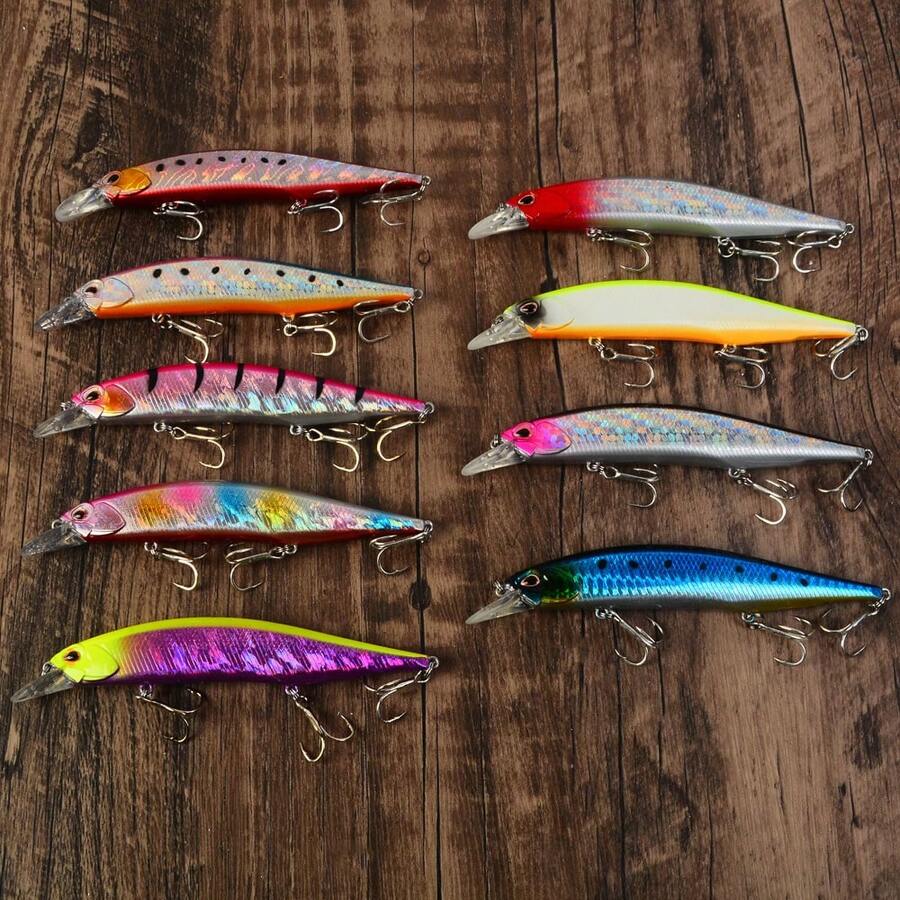 9pcs Floating Long Tongue Minnow Lure Set, Deep Diving Reflective Hard Baits, Long Casting Fishing Lures For Sea Bass And Amur Carp - Multicolor - View 1