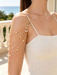 Cadena de hombro de perlas de varias capas para mujer, accesorio de bikini de playa, accesorio de vestido de noche - Dorado - Ver 1