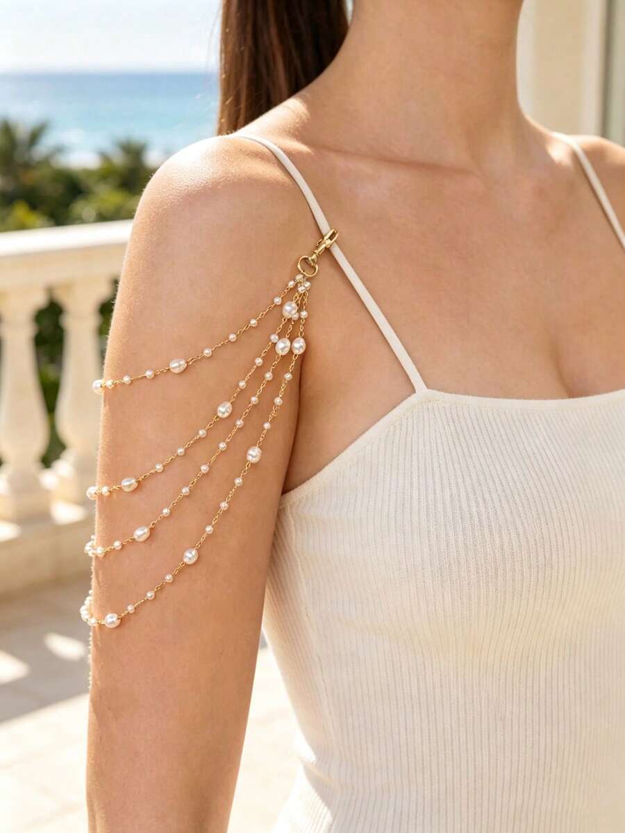 Cadena de hombro de perlas de varias capas para mujer, accesorio de bikini de playa, accesorio de vestido de noche - Dorado - Ver 1