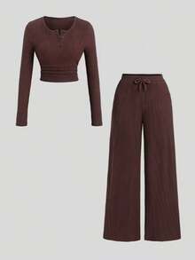 Girl's Coffee Brown Autumn/Winter Casual Daily 2 Pieces Set, Soft Knitted Ribbed Fabric, Open Front Waist Pleated Design Long Sleeve Top And Elastic Waistband Bowknot Drawstring Decor Straight Leg Knitted Ribbed Pants, Suitable For Daily Wear And Outings. - Coffee Brown - View 1