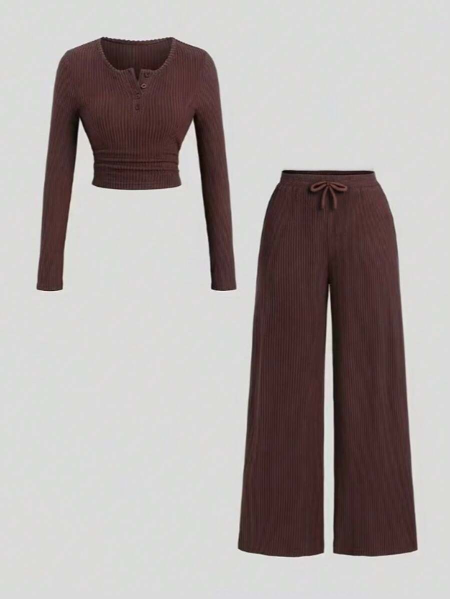 Girl's Coffee Brown Autumn/Winter Casual Daily 2 Pieces Set, Soft Knitted Ribbed Fabric, Open Front Waist Pleated Design Long Sleeve Top And Elastic Waistband Bowknot Drawstring Decor Straight Leg Knitted Ribbed Pants, Suitable For Daily Wear And Outings. - Coffee Brown - View 1