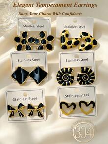 12pcs/6 Pairs Exquisite Elegant Colorful Enamel Women's Earrings - Black Premium Stainless Steel Earrings - Oil Drop Earrings Set - Beautiful Gift - Suitable For Various Occasions, Daily Casual Wear - Holiday Applicable - Oil Dripping Kit - View 2