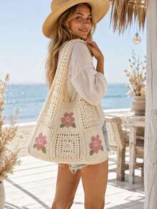Women's Summer Beach Tote Bag, Crochet Design, Turtle Pattern, Large Capacity Open Handle, Suitable For Casual Outings And Beach Vacations - Multicolor - View 3