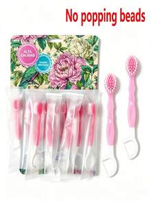 100/60/50/30/20/10/5/1pc Disposable Toothbrush Set, Mini Travel Toothbrush, Teeth Cleaning Brush, Oral Hygiene Tool, Includes Dental Floss, Toothpicks And Tongue Cleaner, Portable Fresh Breath Toothbrush (No Beads), Tongue Scraper, Dental Accessories - Pink - View 1
