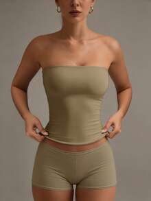 XLLAIS Sexy Strapless Cropped Tank Top, Fashionable Solid Color Elastic Fitted Yoga Bandeau Bra Summer - Earth Colors - View 3