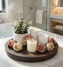 Wooden Candle Holder Tray, Round Serving Decorative Tray For Coffee Table Bedroom Living Room Home Decor - Brown - View 2