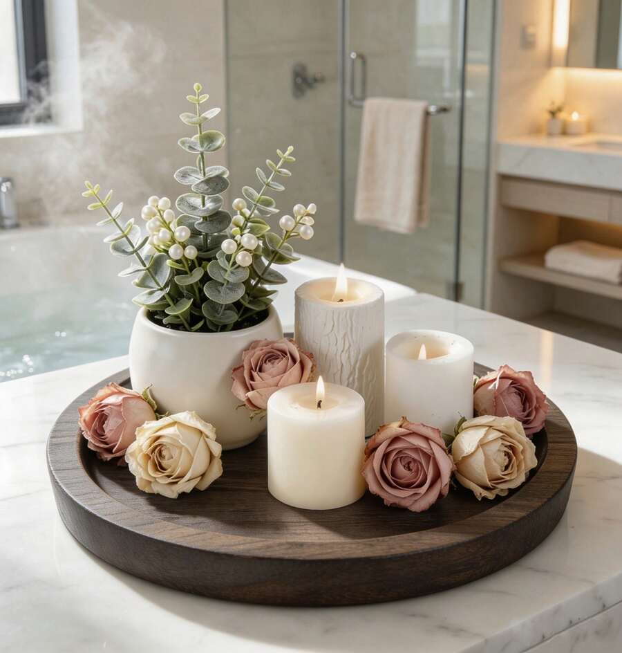 Wooden Candle Holder Tray, Round Serving Decorative Tray For Coffee Table Bedroom Living Room Home Decor