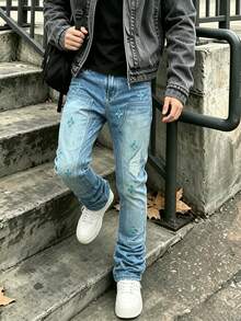 Men's Stretch Washed Denim Jeans With Embroidery And Slanted Pocket Design - Light Wash - View 2