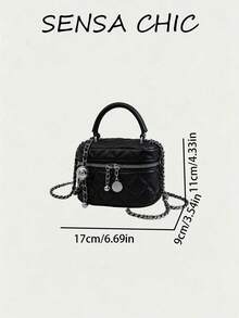 Quilted Rhombus Textured Pattern Black Solid Color Mini Box Bag, Handheld Chain Crossbody 2-In-1 Small Bag, Wrap-Around Double Zipper Full Closure Design, Square Mini Makeup Storage Bag, Suitable For Dating, Store Visiting, Shopping, Short Trips, Exquisite Versatile Crossbody Bag - Black - View 2