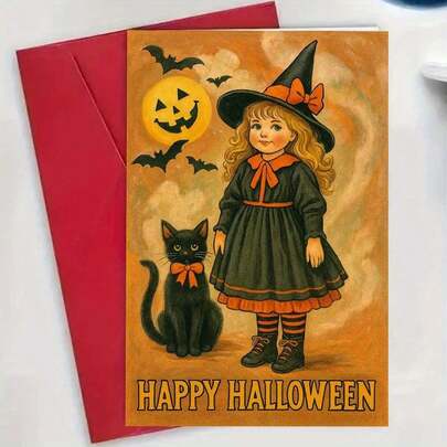 1 Vintage Style Halloween Greeting Card Featuring A Witch In Costume And A Black Cat, Perfect As A Gift Or Party Invitation For Friends And Family During Halloween, Includes Envelope