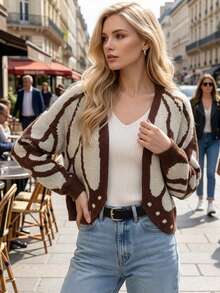 Women's Long Sleeve Knit Cardigan, Patchwork Colorblock Short Sweater Jacket, New Style Knit Cardigan Brown - Brown - View 3