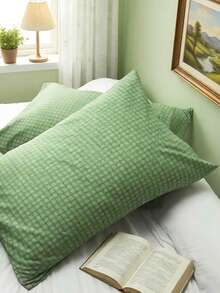 2pcs/Set, Green Small Plaid, Solid Color Japanese Minimalist Style, Super Soft, Breathable, Suitable For All Seasons, Simple And Fashionable, Casual Daily Life, All Season Men's Pillowcase, Pillow Core Not Included, Bedding, Hotel, Home Decor, Japanese Size: Single Bed, Double Bed, Queen Bed, King Bed - Green - View 4