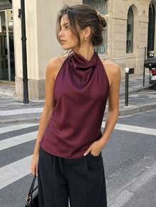 Áo tank top satin mùa hè dành cho nữ, gợi cảm, không tay, hở vai, lưng hở, kiểu dáng Y2K cho ngày Valentine. - Màu đỏ tím - Xem 2