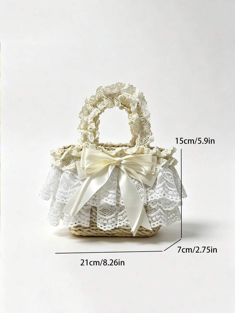 Summer Pastoral Lace Niche Design Ins Style Straw Woven Crossbody Handbag, Commute, Outing, Daily Shopping, Sweet Pastoral Lolita Handmade Woven Straw Bag - White - View 8