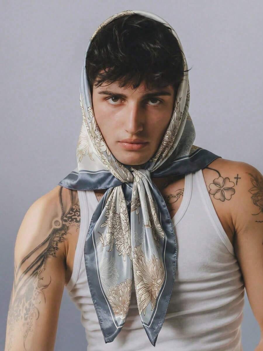 1pc Men's Printed Satin Square Scarf, 90cm Multifunctional Men's Headscarf/Scarf, Solid Color Pocket Square, Sun Protection Headwear, Wrist Handkerchief, Suitable For All Seasons - Multicolor - View 1