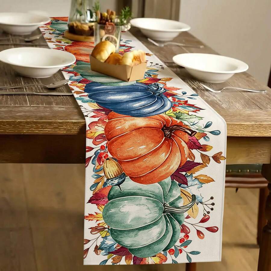 1pc Thanksgiving Pumpkin Pattern Table Runner, Modern Style, Home Kitchen Decor, Indoor/Outdoor Party Supplies, Room Decoration. Suitable For Daily Home Kitchen Decor, Daily Party Decor, Thanksgiving, Christmas, Autumn Decoration. - Multicolor - View 1