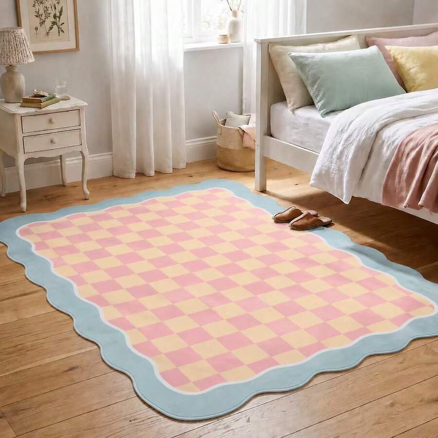 1pc Plaid Pattern, Wavy Edge Carpet, Soft And Rhythmic Lines, Presenting A Minimalist Yet Playful Modern Style, Multiple Sizes Available, Living Room Carpet, Carpet, Living Room Area Carpet, Area Rug, Mat, Home Decor, Large Living Room Carpet, Room Decoration