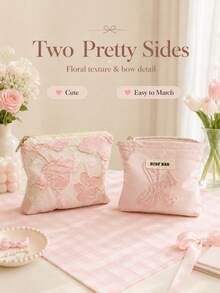 1pc Cute Floral Embroidered Zipper Makeup Bag, Soft Fabric Mini Coin Purse, Portable Cosmetic Storage Bag, Suitable For Lipstick, Earrings And Daily Small Items - Multiple Styles - View 2
