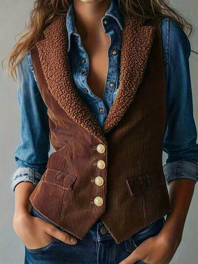Women's Elegant Corduroy Button Vest, Casual Office Autumn/Winter