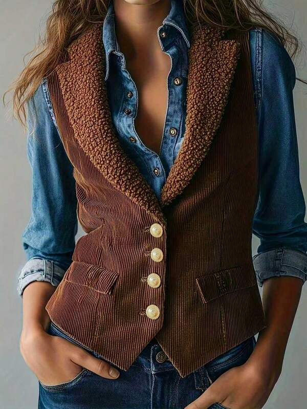 Women's Elegant Corduroy Button Vest, Casual Office Autumn/Winter Fall