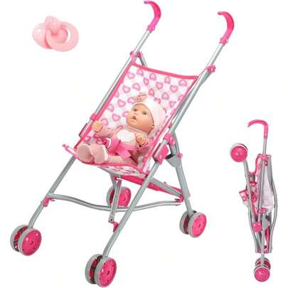 BREEZEE Carriola Paraguas para Muñeca Bebé, Carriola de Juguete Plegable Ligera Compacta para Niñas, Carrito para Muñeca Tipo Nenuco, Juego de rol, Incluye Chupón de Regalo, Soporta