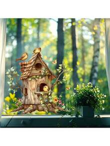 Watercolor Healing Fairy Tale Forest Treehouse Static Window Sticker, Cute Birds, Colorful Butterflies, Wildflowers, Green Vines, Cozy Natural Home Bedroom Window Decorative Decal - Watercolor Healing Wonderland Forest - View 2