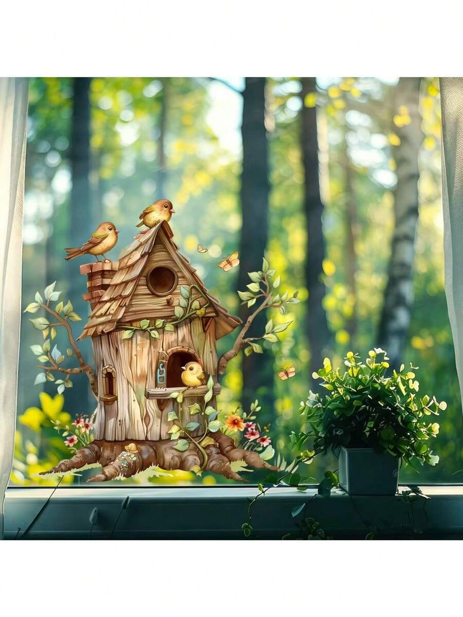 Watercolor Healing Fairy Tale Forest Treehouse Static Window Sticker, Cute Birds, Colorful Butterflies, Wildflowers, Green Vines, Cozy Natural Home Bedroom Window Decorative Decal