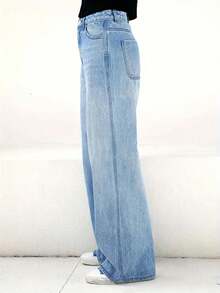Celana Jeans Kasual Saku Polos Serbaguna untuk Remaja Perempuan - Baby Blue - View 3