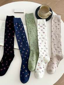 5 pares de calcetines largos de mujer con estampado floral de otoño, suaves, antibacterianos y transpirables, adecuados para uso diario, casual, deportes y regalos - Multicolor - Ver 1