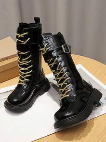 Girls' Long Boots, Autumn/Winter New Style, Children's High-Top Boots, Thick Sole Motorcycle Boots With Side Zipper, Street Rider Boots, Toddler Boots - Black - View 4