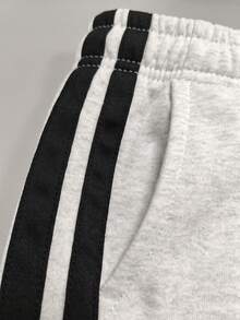 Women's Side Double Stripe Straight Leg Sweatpants, Elastic Waist Drawstring Loose Drape Casual Long Pants - Light Grey - View 6