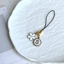 1 buah Bunga Putih/Bunga Lima Kelopak/Bulat Dua Sisi 26 Huruf/Tali Gantungan Ponsel/Dekorasi/Hadiah Perhiasan DIY - Putih - View 4