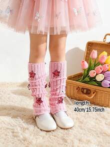 1 Pair Girls' Bright Pink Knitted All-Season Leg Warmers With Sequin Star Decor, Fashionable Spring/Autumn Leg Covers - Pink - View 2