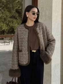 Elegant Women's Brown Tweed Knit Cardigan, Long Sleeve Open Front Sweater Jacket With Textured Trim And Pockets For Fall And Winter Layering - Multicolor - View 2