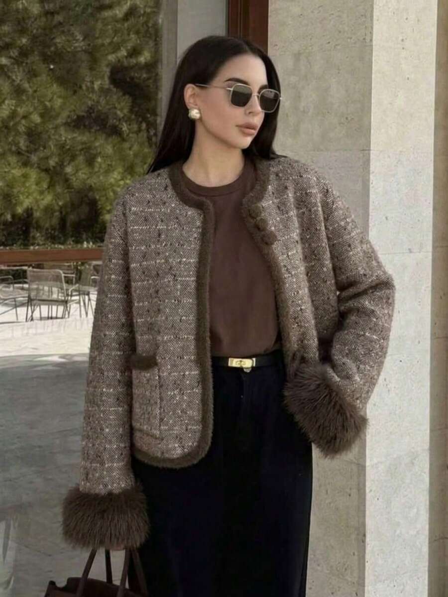 Elegant Women's Brown Tweed Knit Cardigan, Long Sleeve Open Front Sweater Jacket With Textured Trim And Pockets For Fall And Winter Layering