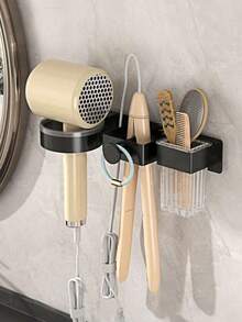 Soporte de pared 3 en 1 para secador de pelo y rizador, organizador sin taladro para plancha de baño, estantería ahorradora de espacio para almacenamiento de herramientas para el cabello, accesorios de baño - Negro - Ver 1