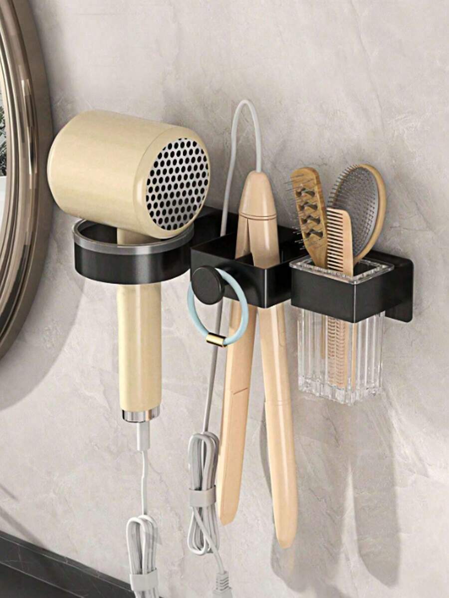 Soporte de pared 3 en 1 para secador de pelo y rizador, organizador sin taladro para plancha de baño, estantería ahorradora de espacio para almacenamiento de herramientas para el cabello, accesorios de baño - Negro - Ver 1