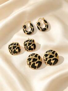 3 Pairs Vintage Leopard Print Stud & Hoop Earrings Set, Women's Earrings, Atmospheric Daily Wear - Multicolor - View 1